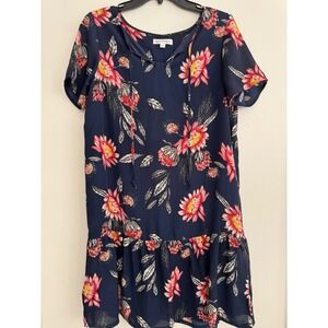 Downeast Women's Floral Print Short Sleeve Casual Navy Blue Dress - Small